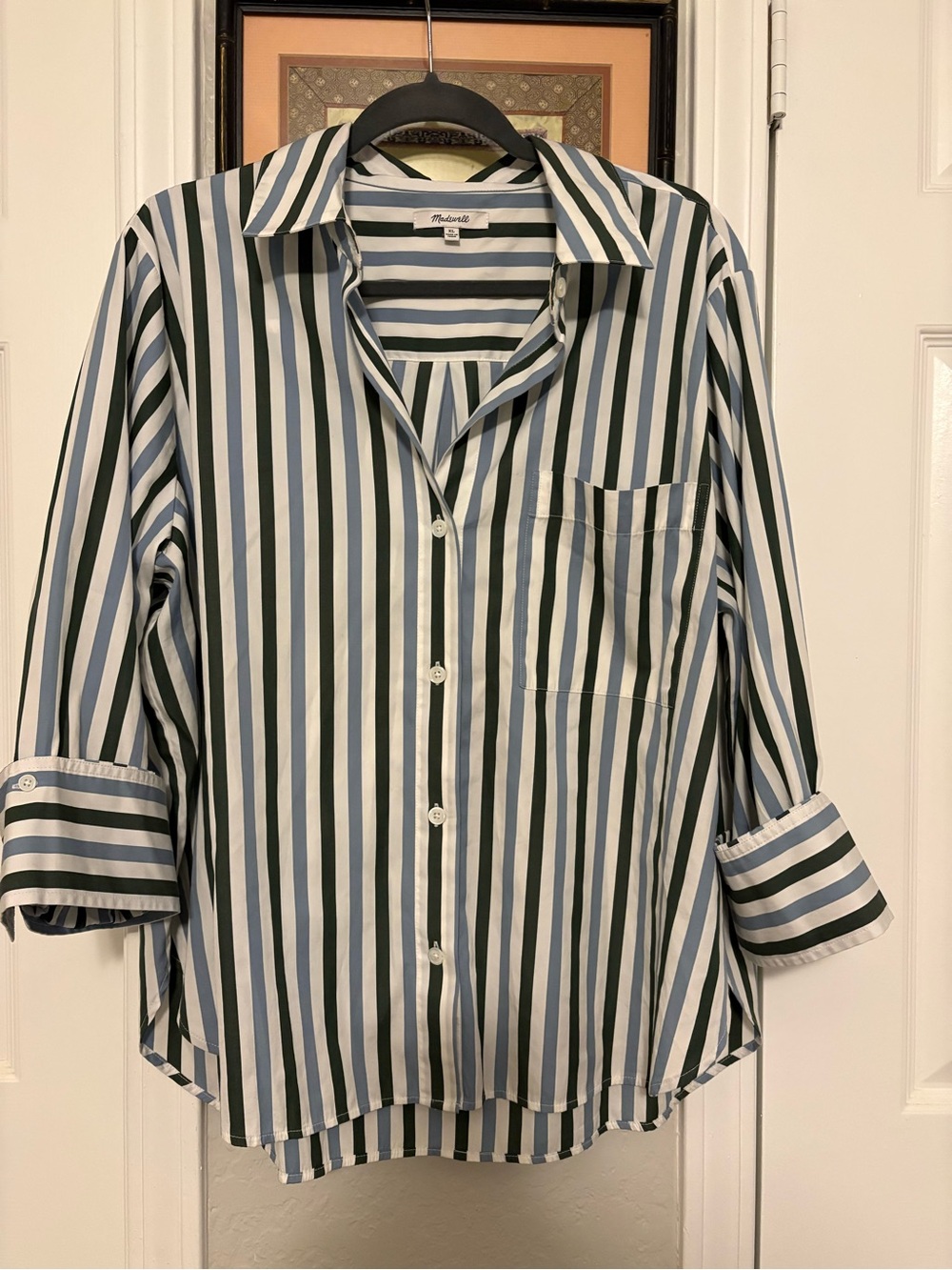 Madewell XL Easy Button-Up Shirt Botanical Green Blue White Stripe Like New - Picture 2 of 4